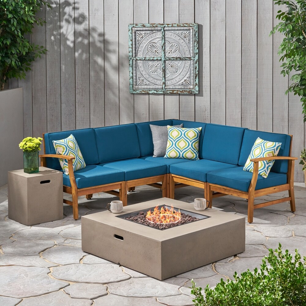 Illona Outdoor 5 Seater V Shaped Acacia Wood Sofa Set with Square Fire Table and Tank by Christopher Knight Home