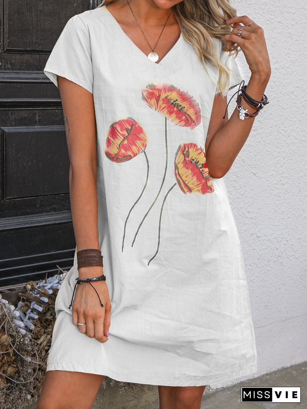 Short Sleeve Embroidered Casual Summer Knitting Dress for Women