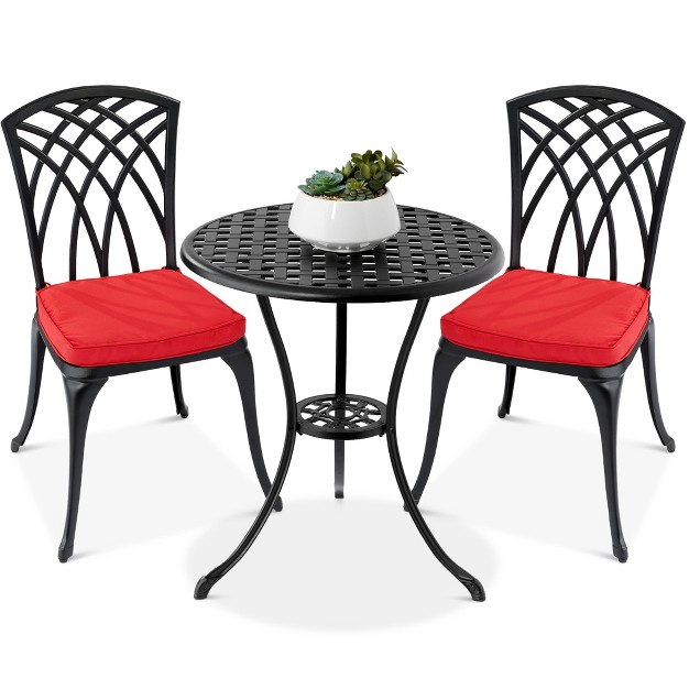 Best Choice Products 3 piece Aluminum Patio Bistro Set W Umbrella Hole 2 Chairs Polyester Cushions Black red