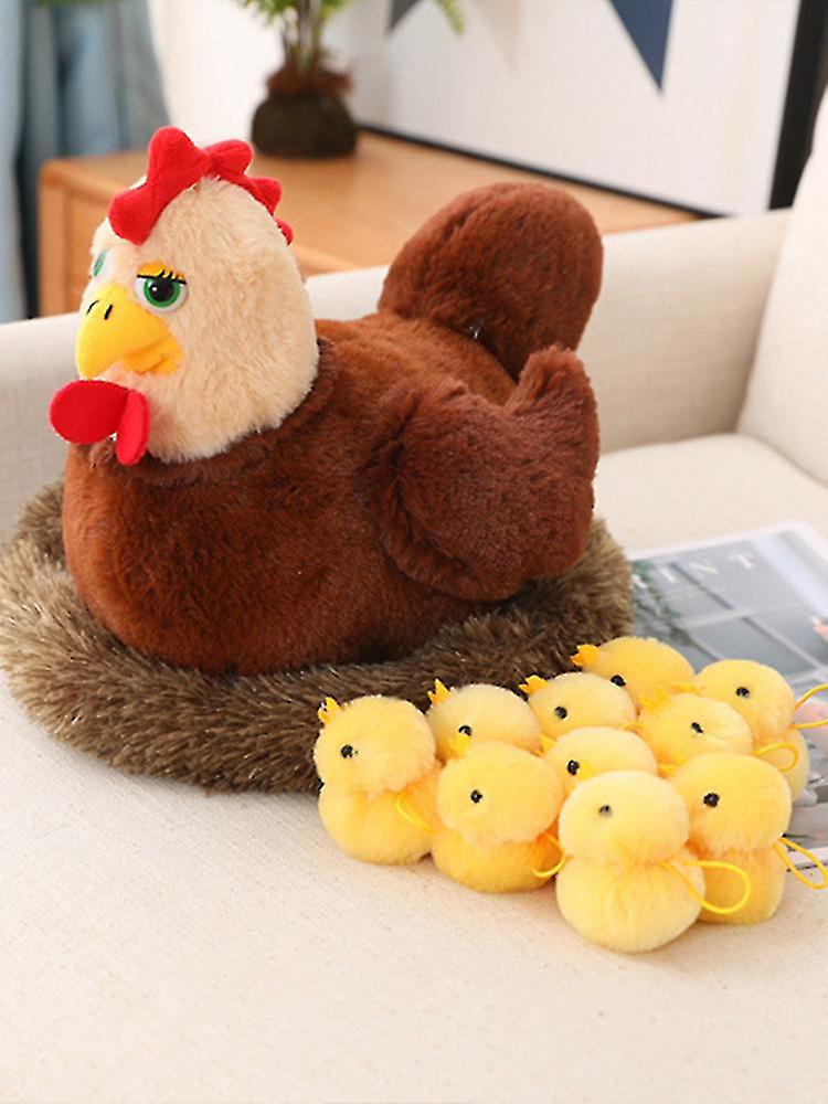 13.8inch Chicken Stuffed Animals， Mommy Farm Hen Plush With Henhouse/10 Little Baby Chicks Toys W/chicken Croak Sound