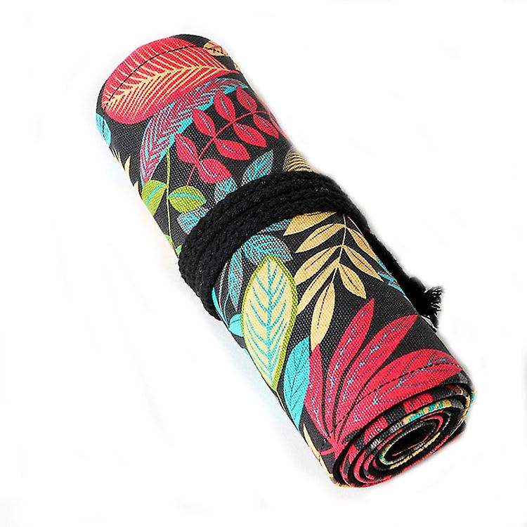 2 Pcs 48 Holes Fallen Leaves Printed Canvula Pen Curtain Large Capacity Sketch Color Pencil Roll Pen Bag