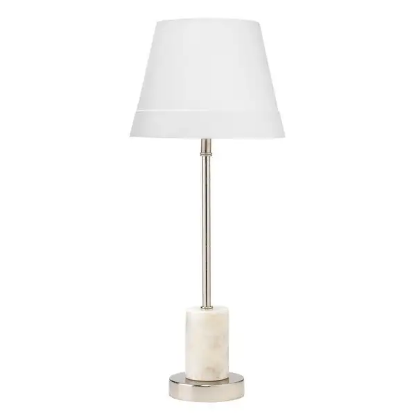 Marble Table Lamp with Wide Nickel Bottom， White and Silver