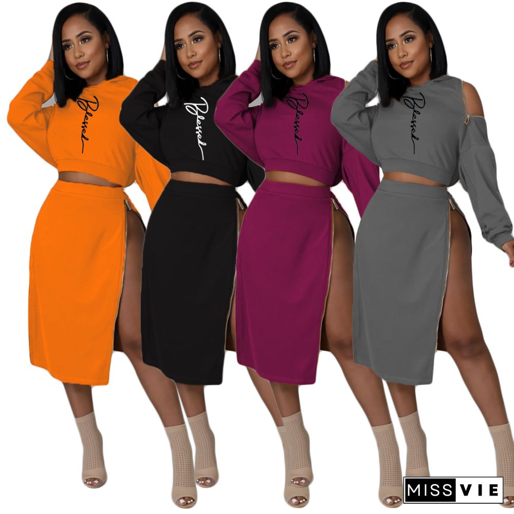 Letter Print Hooded Crop Top Zip Slit Skirt Set