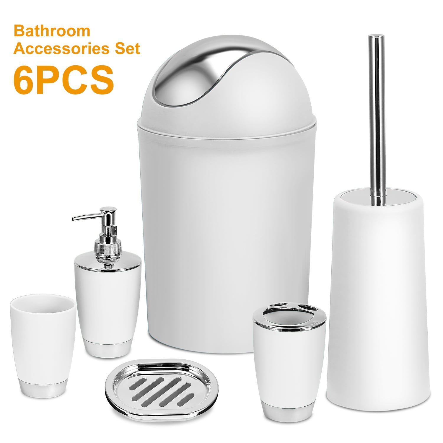 iMountek Bathroom Accessories Set 6 Pcs Bathroom Set Gift SetTumbler Straw Set Ensemble Complete Soap Dispenser Toothbrush Holder Tumbler Soap Dish Toilet Cleaning Brush Trash Can for White