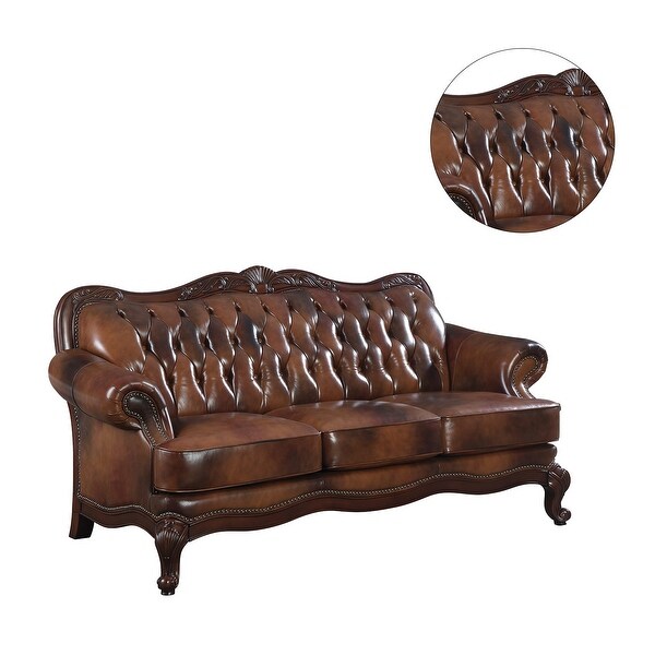 Wood and Leather Sofa in Warm Brown Finish