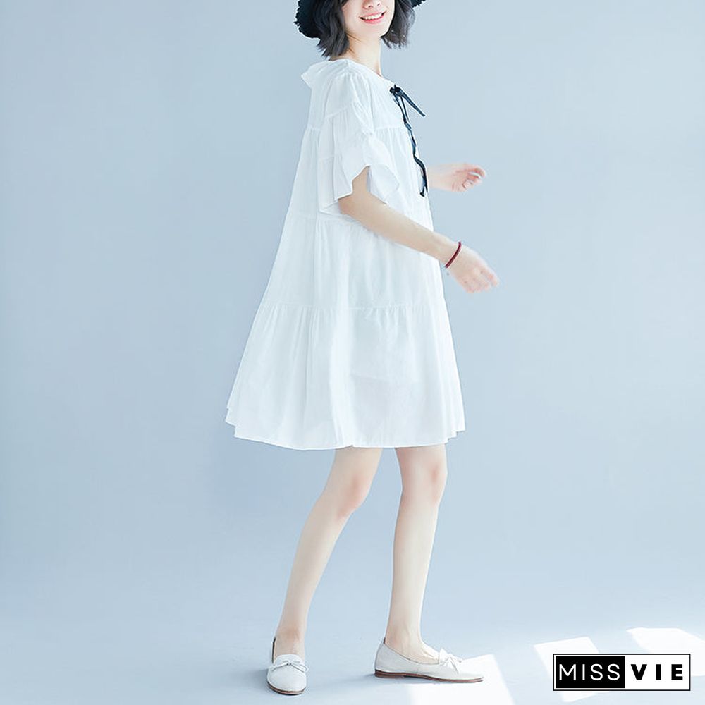 vintage white plus size casual dress casual trumpet sleeves a line skirts o neck cotton dress