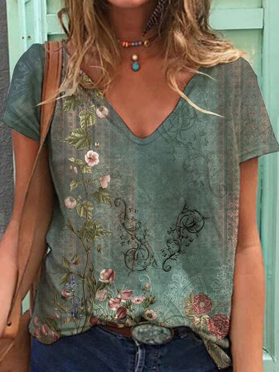 V-neck Casual Loose Floral Print Short Sleeve T-shirt