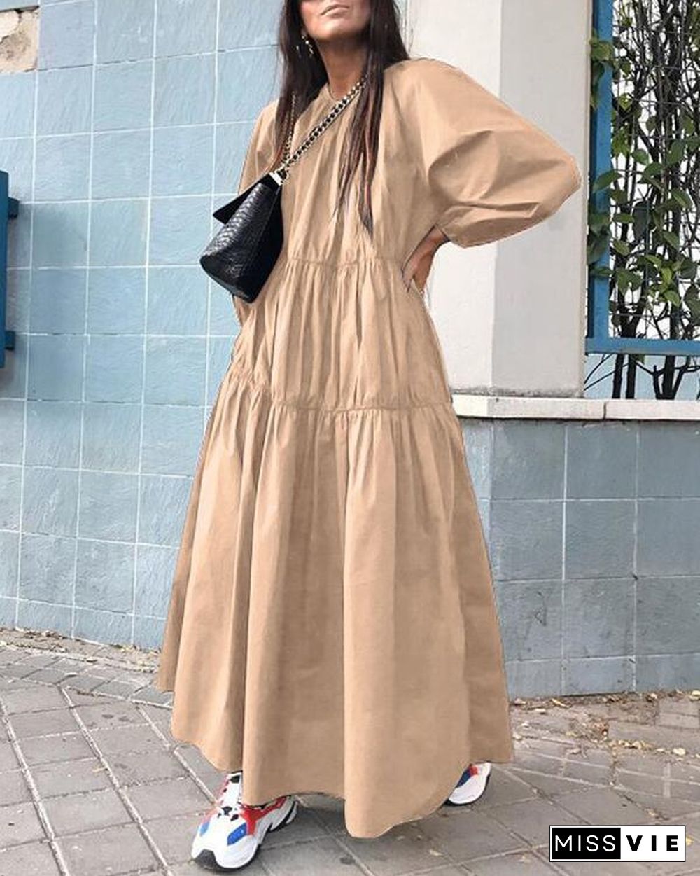 Solid Holiday Loose Pleated Crew Neck A-Line Maxi Dress