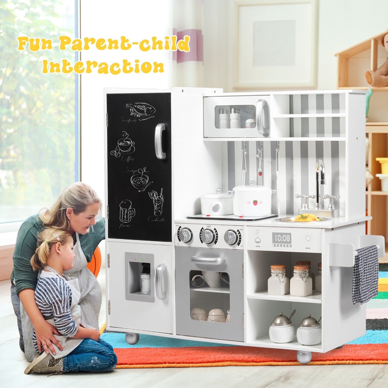 Kids Kitchen Playset, Wooden Pretend Cooking Food Set with Simulated Sound