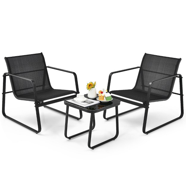 Costway 3pcs Patio Bistro Furniture Set Glass Top Table Garden Deck Black