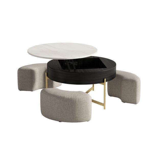 Lifting-top Round Modern Coffee Table with 3 Nesting Stool， Carbon Steel Legs