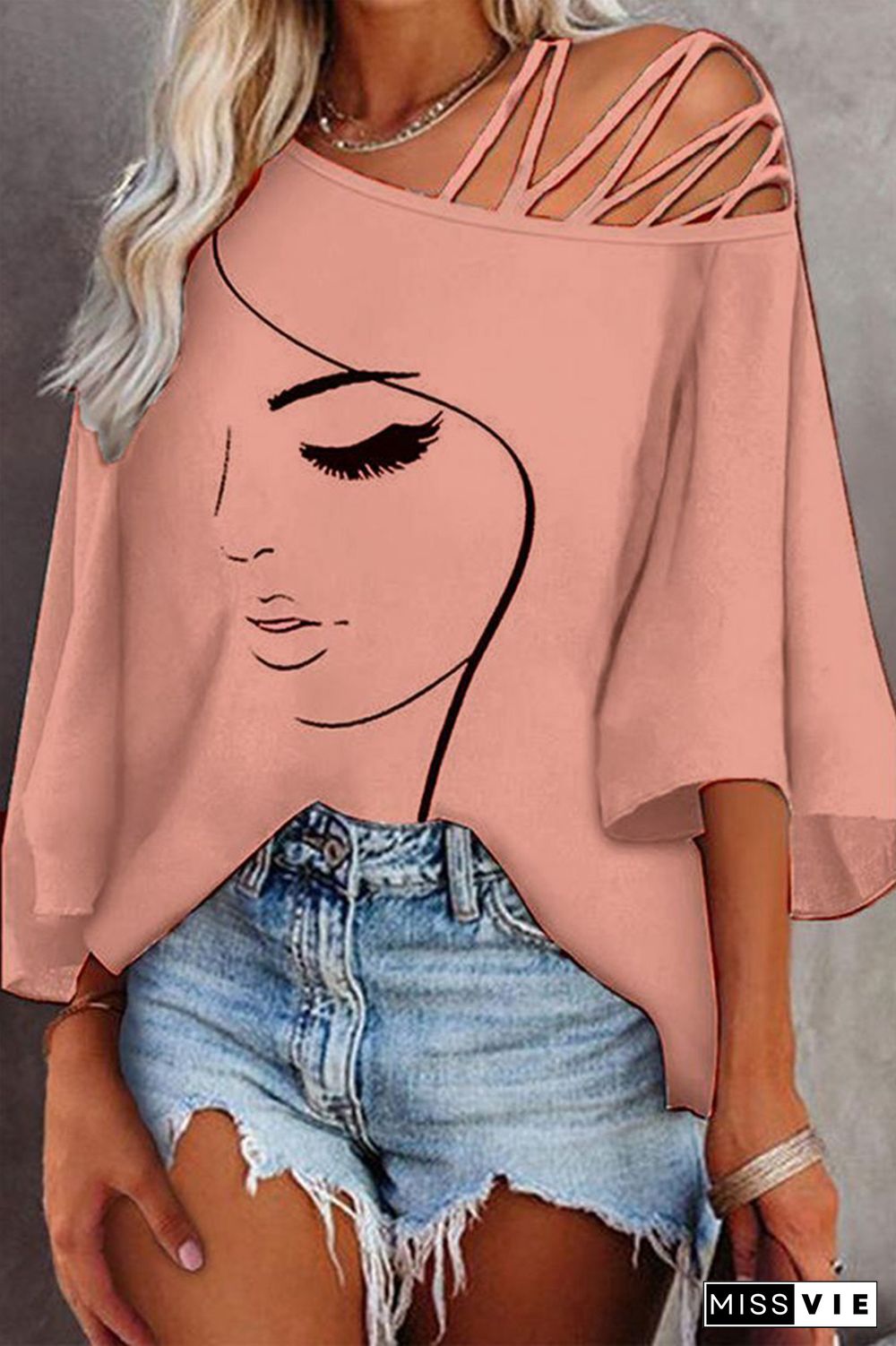 Figure Print Hollow Out Asymmetrical Neck Blouse