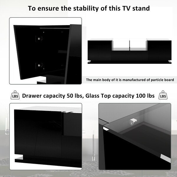 Tempered Glass TV Stand with Sorage and LED Color Changing Lights