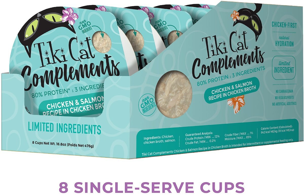 Tiki Cat Complements Chicken and Salmon Recipe in Chicken Broth Wet Cat Food Topper，， 2.1-oz， case of 8