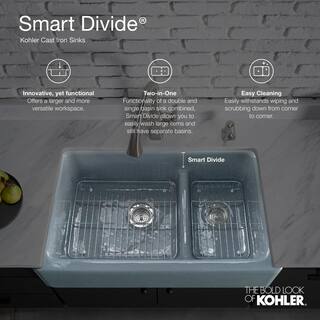 KOHLER Whitehaven SmartDivide Undermount Farmhouse Tall Apron Front 36 in. Double Bowl Kitchen Sink White with Basin Racks K-6427-0-5828-ST-5874-ST