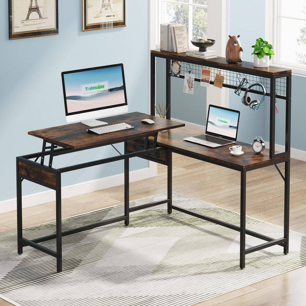 TRIBESIGNS WAY TO ORIGIN Perry 55 in. L-Shaped Brown Wood Computer Desk with Hutch and Adjustable Lift Top J-G393