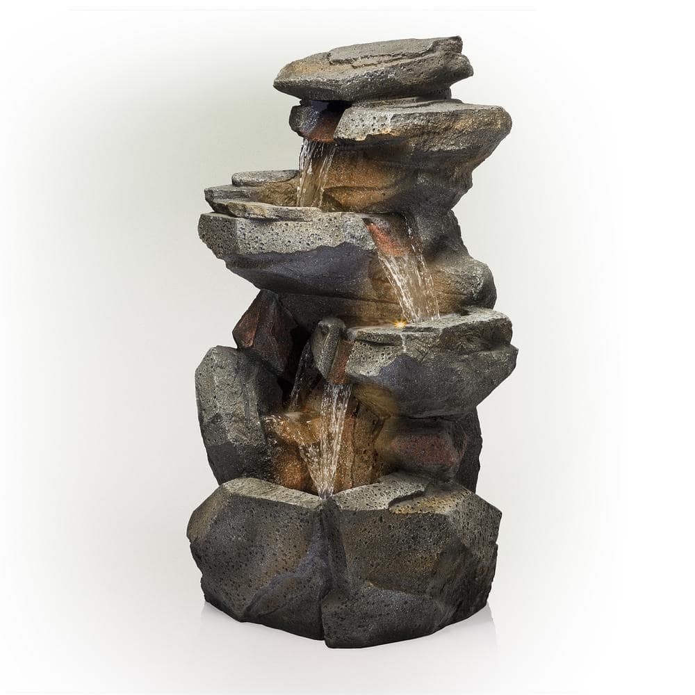 Alpine Corporation 40 in. Tall Outdoor 5-Tier Rock Cascading Waterfall Fountain with LED Lights WIN1184