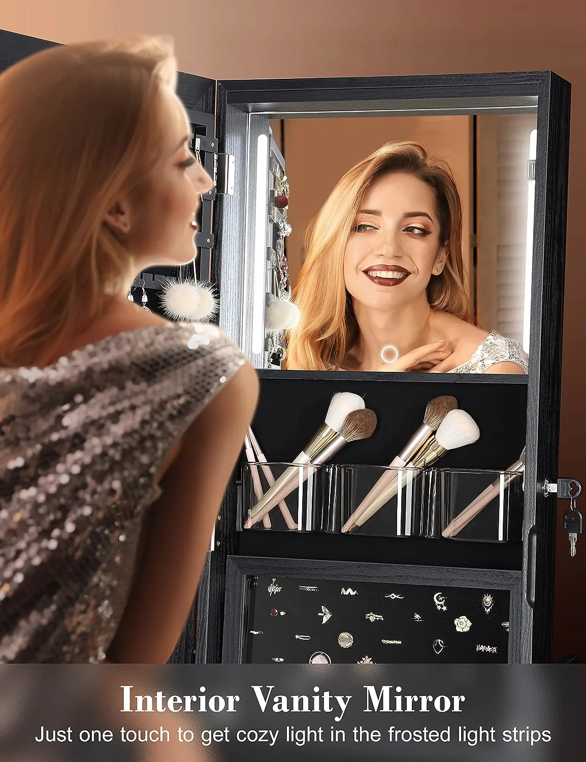 ⭐️360° Swivel Jewelry Cabinet with Lights - 🌟Touch Screen Vanity Mirror 🌟