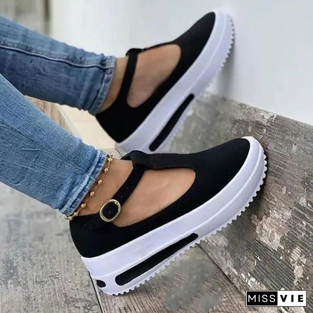 Women Summer Retro Buckle Round Head Wedge Platform Slip-On Sandals Solid Color Slipper Shake Shoes