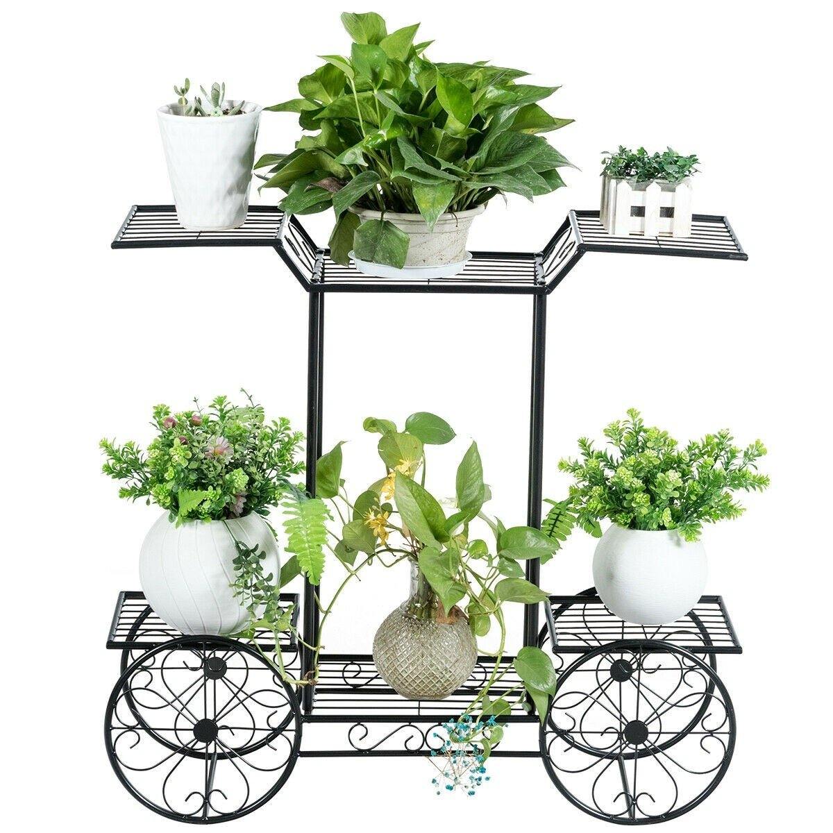 6-Tier Outdoor Garden Cart Metal Flower Rack Display Stand with 4 Wheels