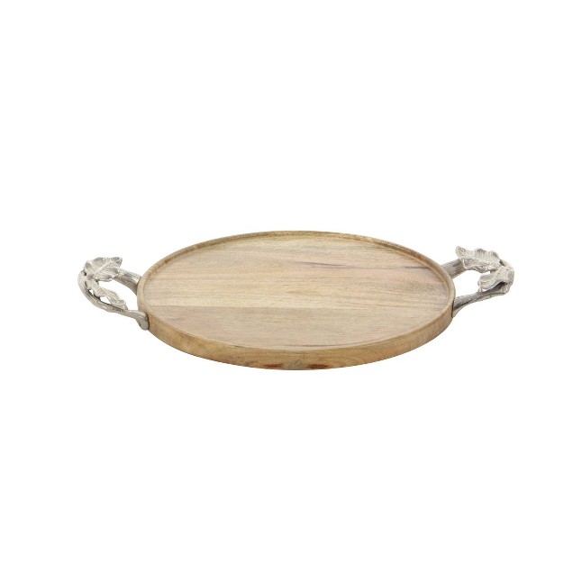 Set Of 3 Round Natural Mango Wood Trays With Metal Leaf Handles Brown Olivia amp May