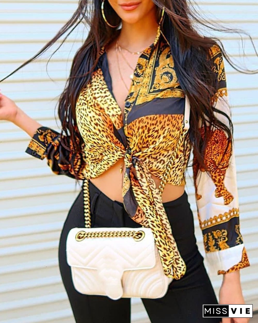 Leopard Print Knot Front Long Sleeve Blouse