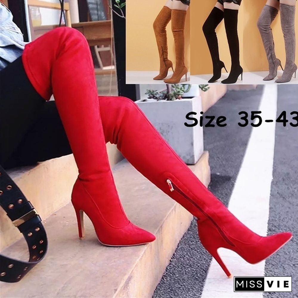 PLUS SIZE Women Stretch Slim Thigh High Boots Sexy Fashion Over the Knee Boots High Heels Woman Shoes