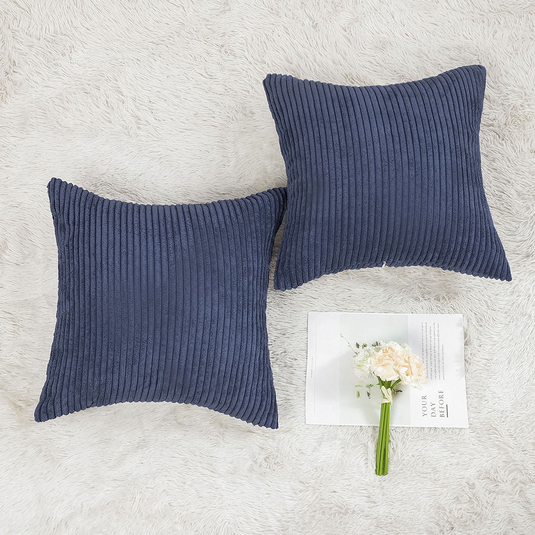 2-pcs Solid Corduory Decorative Throw Pillow Covers Navy Blue 18