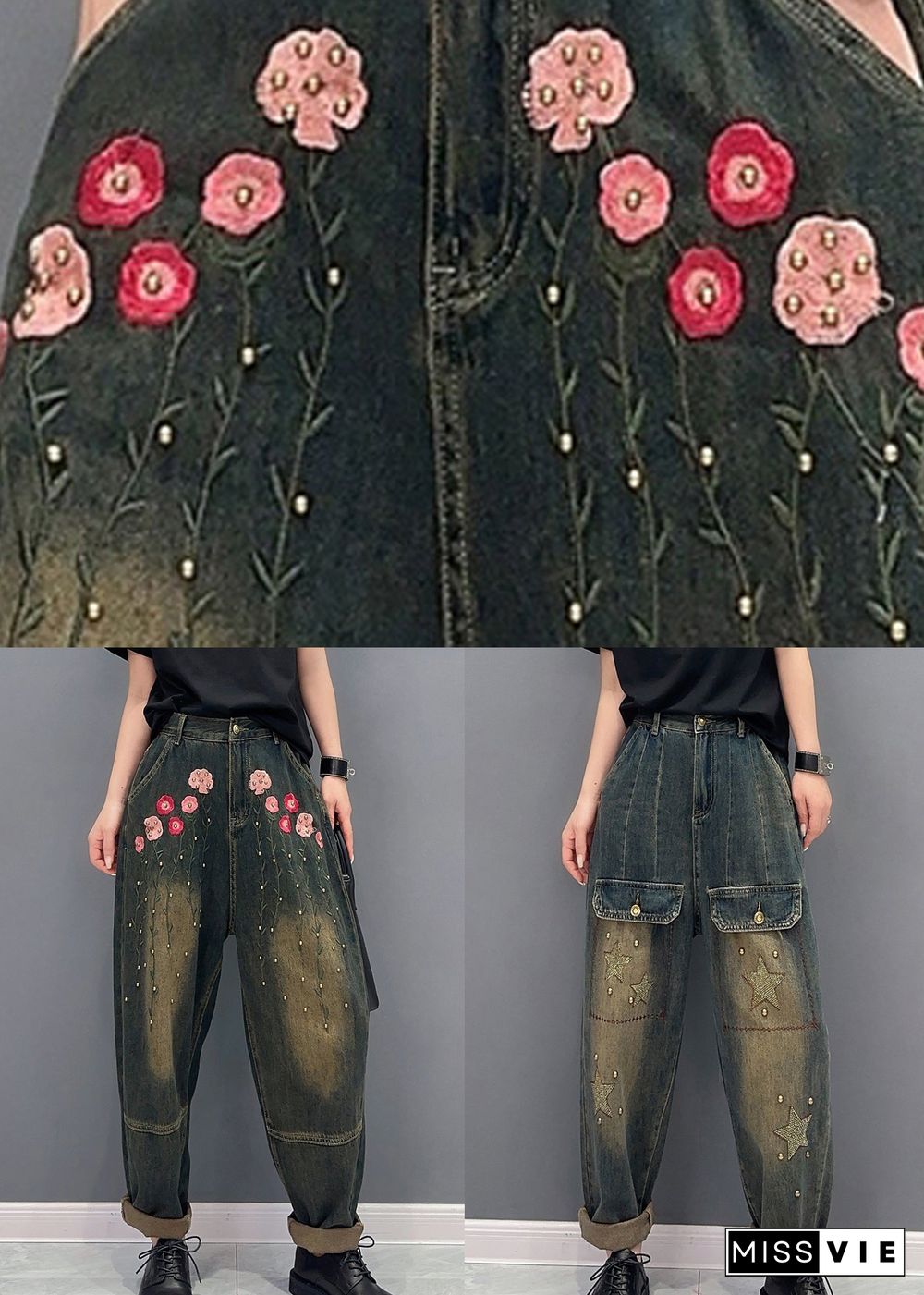 Floral Rivet Patchwork Denim Pockets Harem Pants Fall