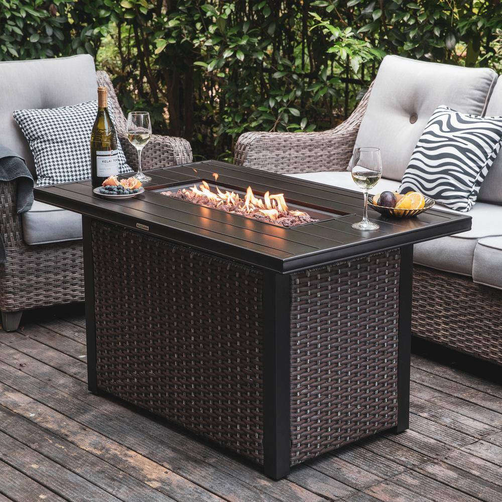 Nuu Garden 44 in. Rectangle Brown Aluminum Propane Gas Wicker Fire Pit Table 50000 BTU with Fire Glass Stone AF0015