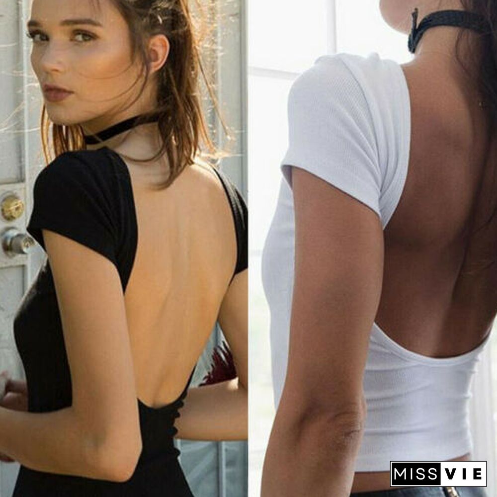 Fashion Summer Women Casual Backless Tops Short Sleeve Cut Cotton T-Shirt O-Neck Elastic Slim Top OutwearFor Beach Party