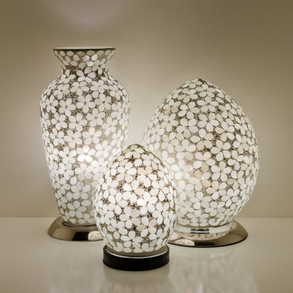 Britalia 880407 Opaque White Flower Mosaic Glass Vintage Egg Table Lamp 20cm