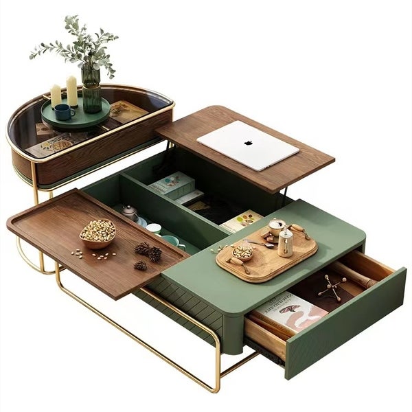 Lift-top Modern Nesting Coffee Table Set with Drawer， Tempered Glass Top Side Table