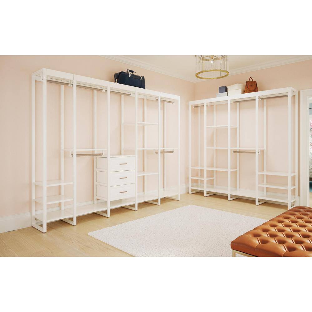 CLOSETS By LIBERTY 108 in. W White Adjustable Wood Closet System with 13-Shelves 6-Rods and 3-Drawers HS47567-RW-09