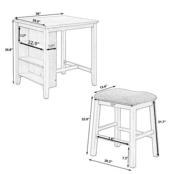 Dining table set， 3-piece square dining table with 2 upholstered stools and storage shelves