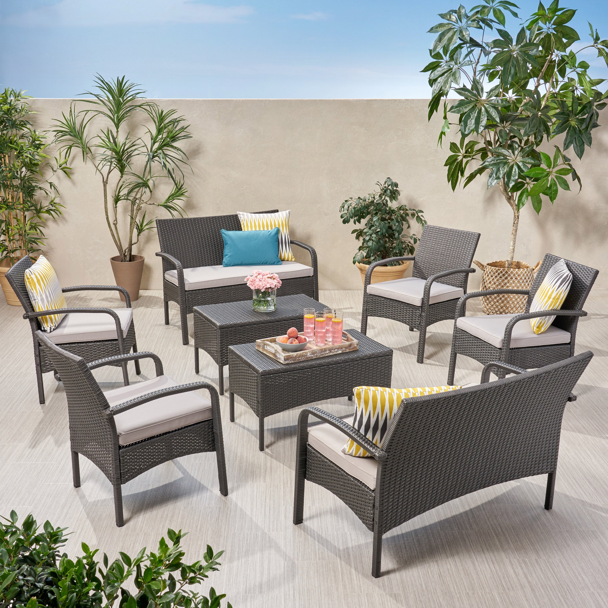 Carmela Outdoor 8 Seater Wicker Chat Set with Cushions