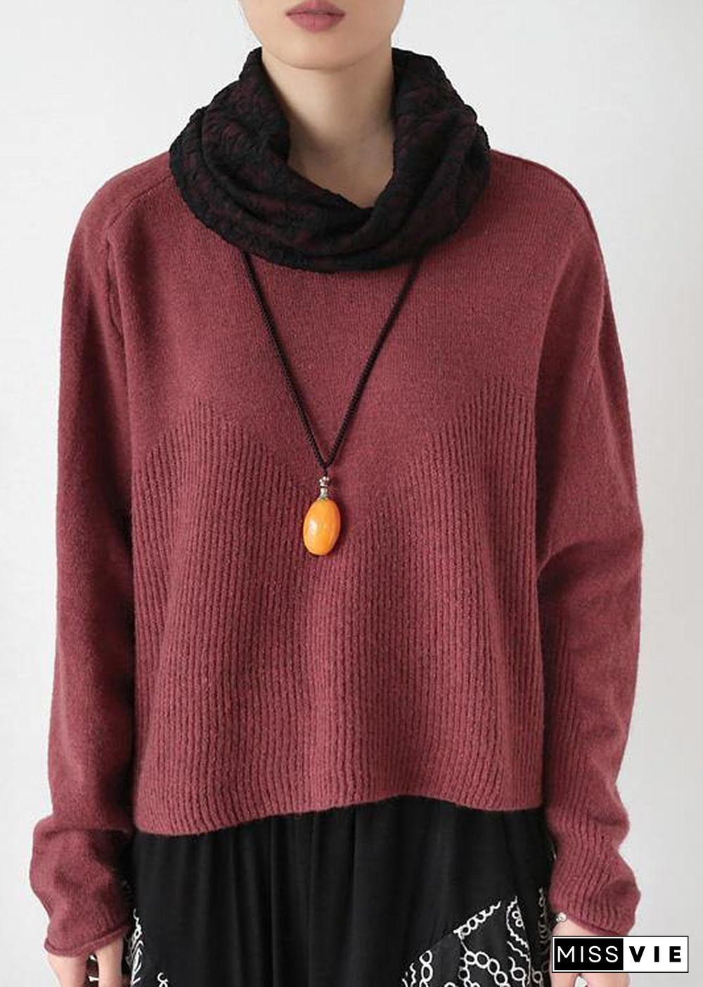 Pullover high neck red knit sweat tops trendy plus size Batwing Sleeve clothes