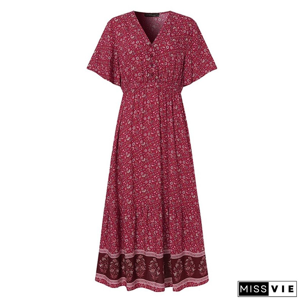 Women Loose V Neck Beach Floral Printed Flare Swing Shirt Dress Long Sundress Plus