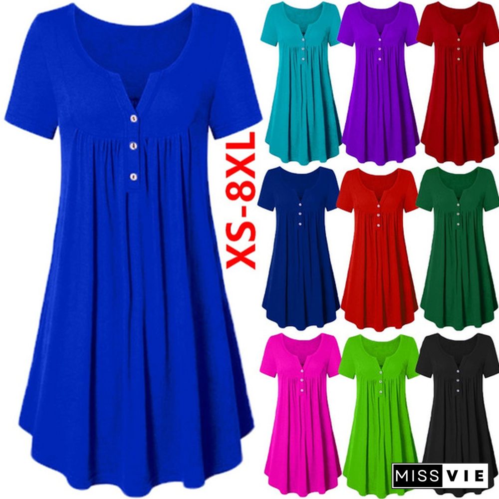 Women's Fashion Pockets Dresses Solid Color Casual V-neck Dress Pleated Party Dress Elegant Ladies Loose Cotton Dresses Summer Short Sleeve Plus Size Dresses XS-8XL