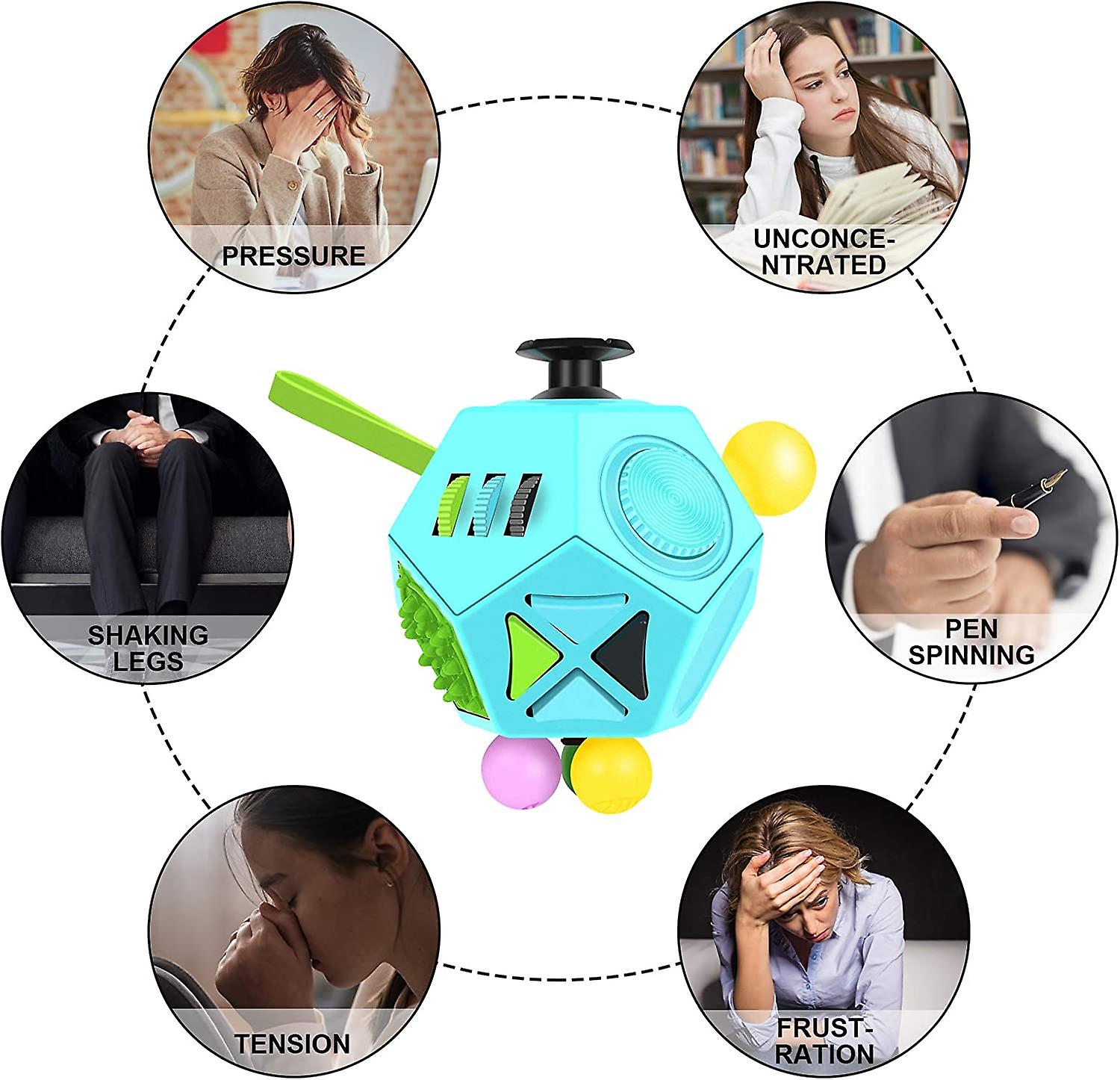 Fidget Cube， 12 Sides Premium Quality Fidget Cube Anti Decompression Relieves Stress And Anxiety For Add， Adhd， Ocdsky Blue