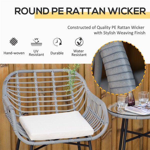 3 Piece Patio Set，PE Rattan Wicker Chairs and Table with Tempered Glass