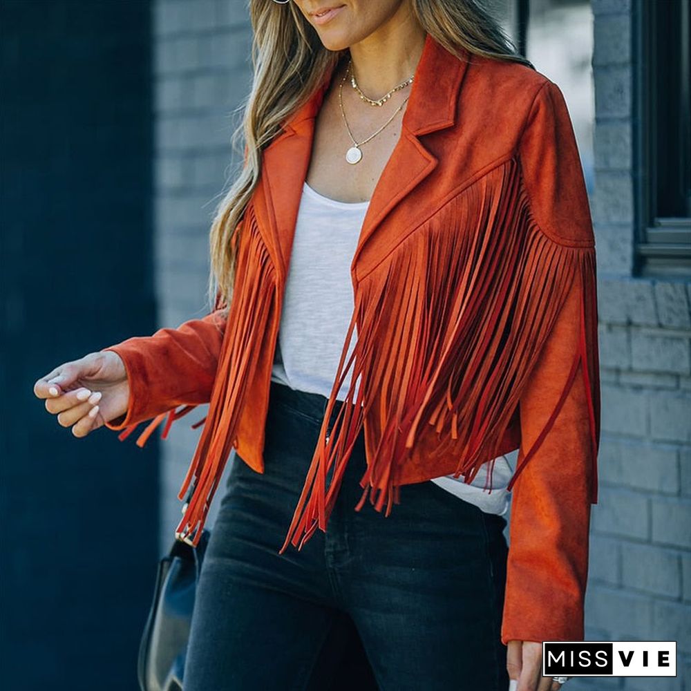 Back To School Outfit  Fashion Women Tassel Jacket Faux Suede Long Sleeve Fringe Jacket Ladies Vintage Cropped Motor Biker Cardigan Streetwear Outwears