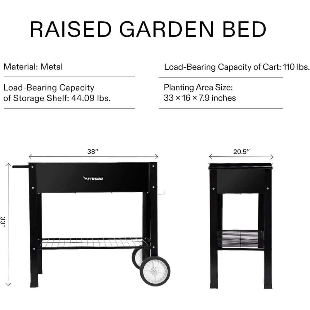 VIVOSUN 37.79 in. x 20.31 in. x 32.87 in. Black Metal Mobile Elevated Planter Box with Wheels and Storage Shelf wal-WHEEL-001J