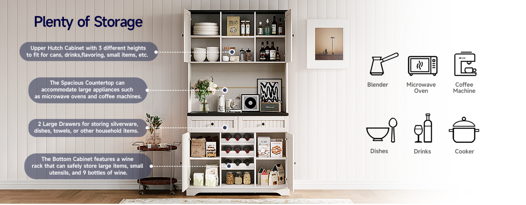 Kitchen Cabinet with Drawers, Wine Rack with Adjustable Shelves , 71 inches.