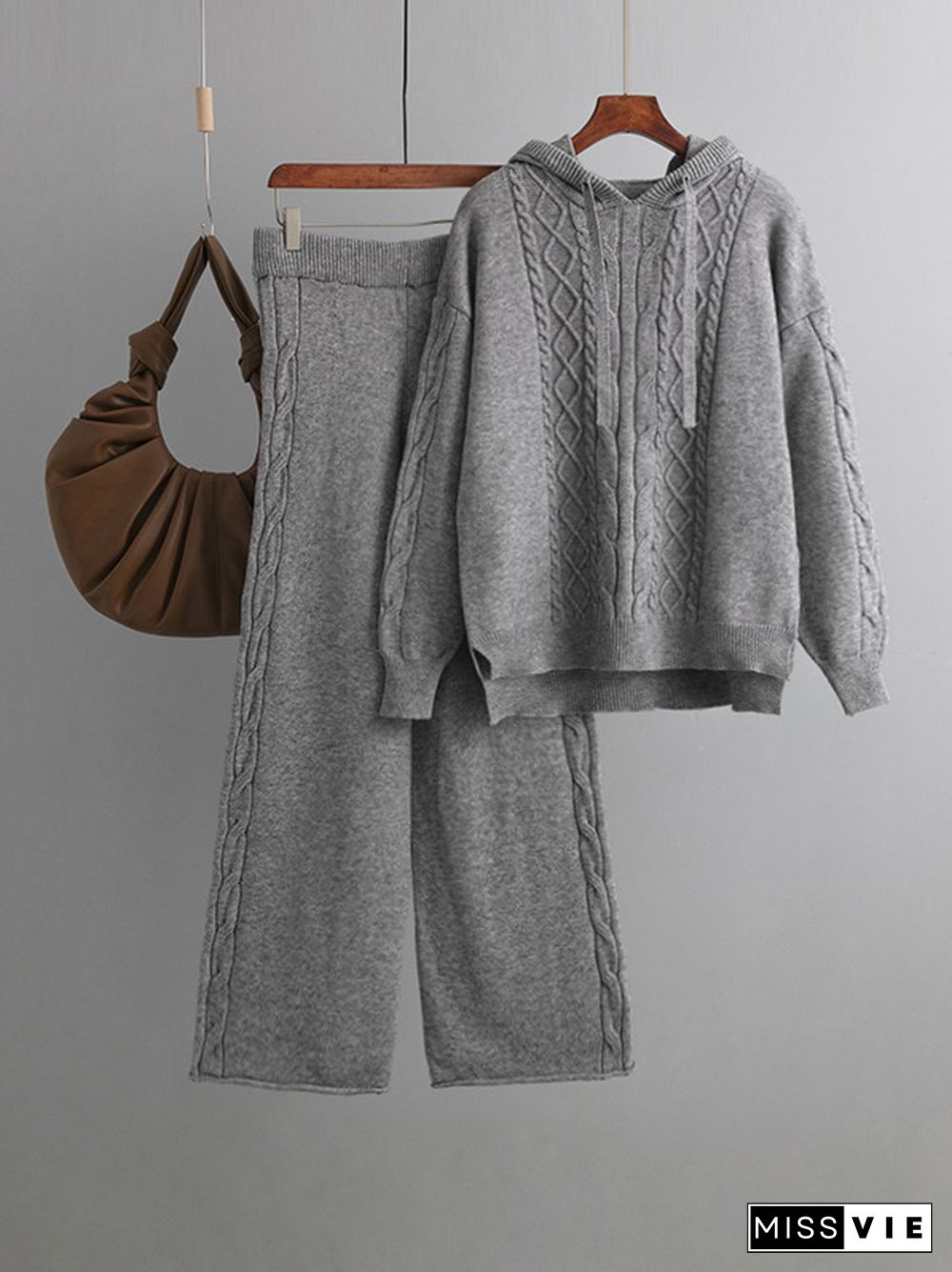 Urban Loose Solid Color Hooded High-Low Sweater Tops & Wide Leg Pants Two Pieces Set