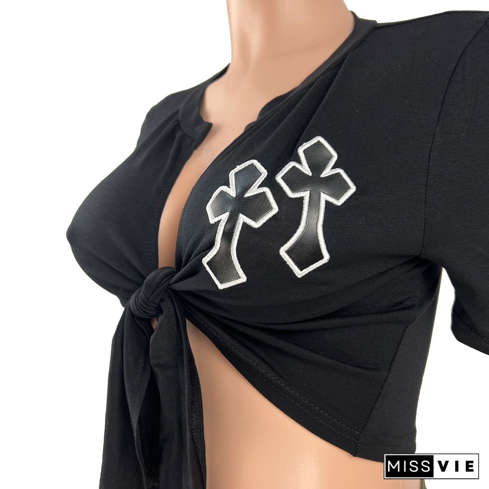 Summer New Double Cross Embroidery Hollow Lacing T-shirt