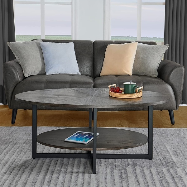 Solid Wood Oval Coffee Table with Cross Metal Legs