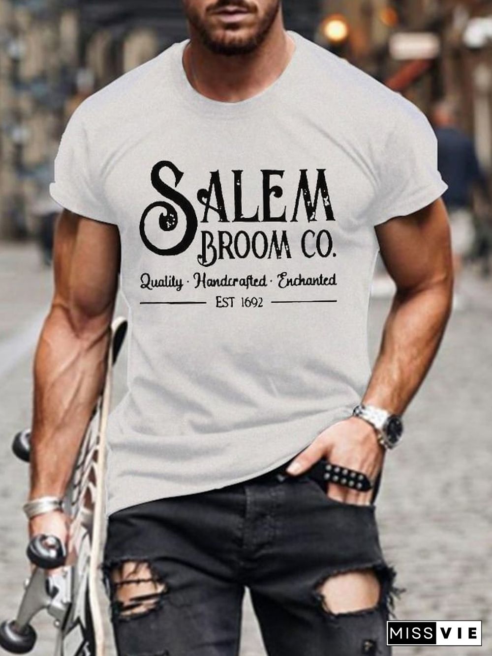 Men's Salem Broom Co Quality Handcrafted Enchanted Est 1692 Print T-Shirt