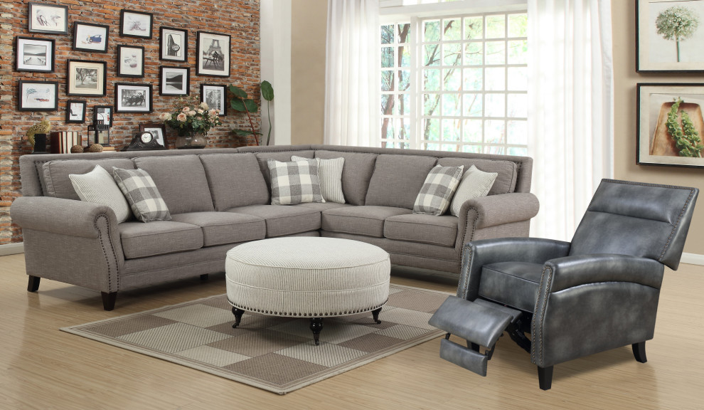 Nadiyah Round Ottoman  Pebble Gray Stripe   Traditional   Footstools And Ottomans   by Lorino Home  Houzz