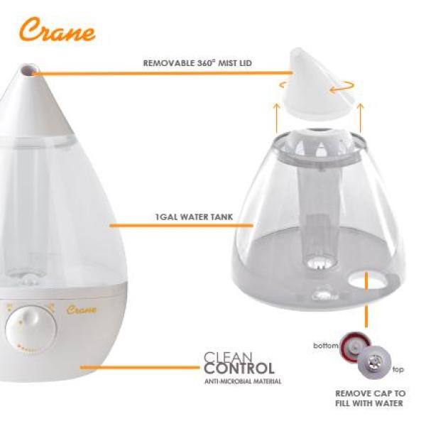 Crane 1 Gal. Drop Ultrasonic Cool Mist Humidifier for Medium to Large Rooms up to 500 sq. ft. - ClearWhite EE-5301CW